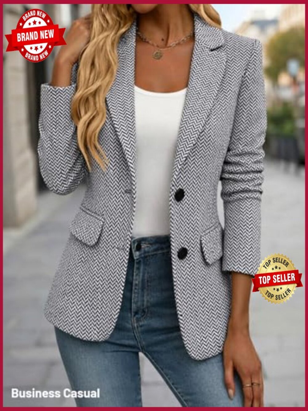 Herringbone Tweed Blazer - Fully Lined Open Front Jacket for Work - Picture 3 of 7